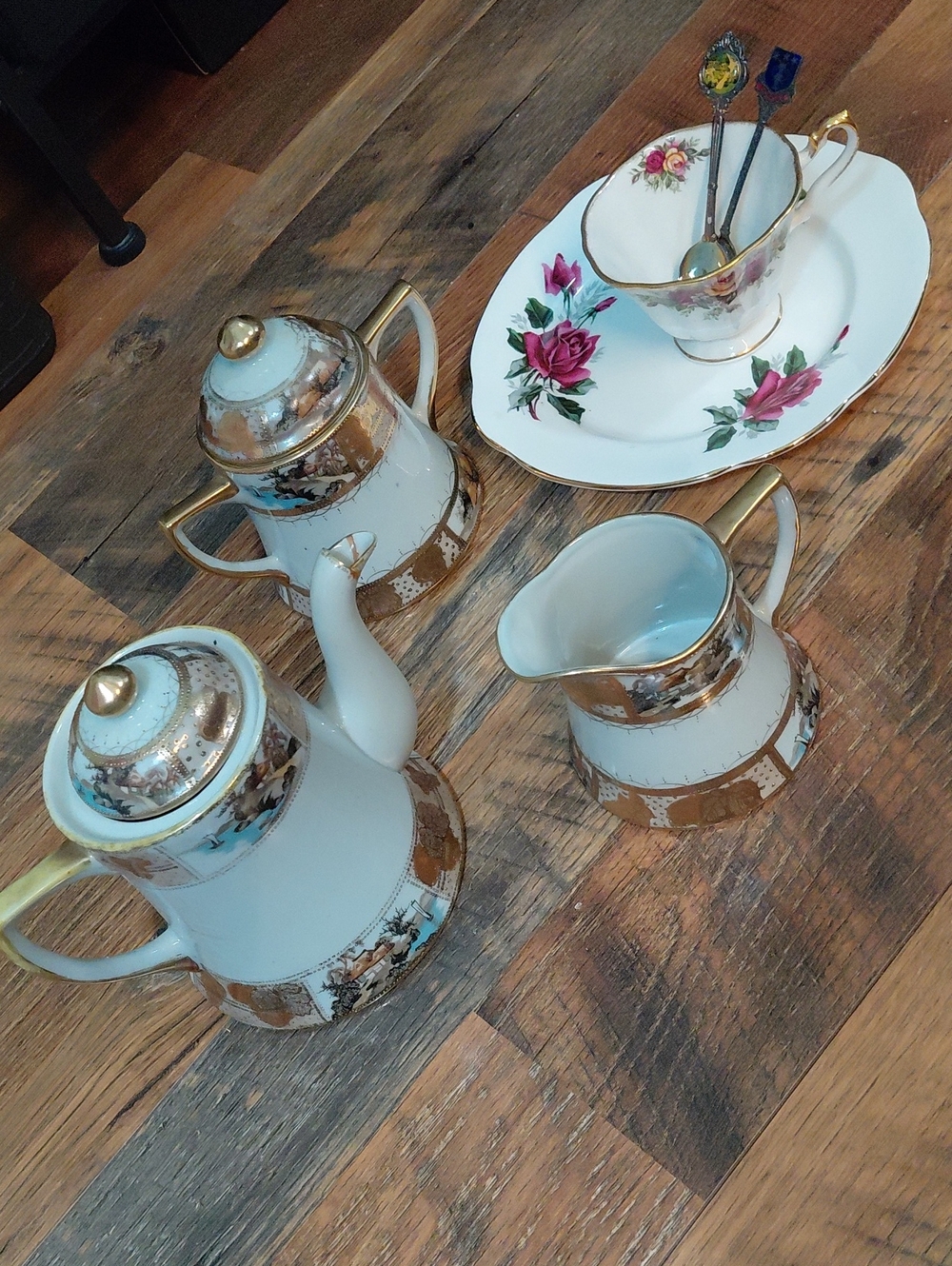 Nippon Gold-Trim Porcelain Tea Set with Floral Cup & Plate w/ 2 Silver Spoons